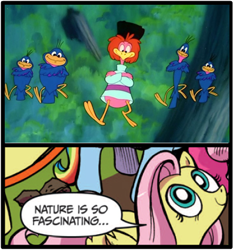 Size: 396x424 | Tagged: safe, fluttershy, pegasus, pony, aracuan bird, blue coat, blue eyes, clown of the jungle, dialogue, disney, exploitable meme, female, kozachok, looking up, mare, meme, multicolored tail, nature is so fascinating, obligatory pony, pink coat, pink mane, prisyadka, smiling, speech bubble, wings, yellow coat