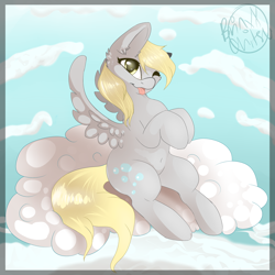 Size: 2500x2500 | Tagged: safe, artist:chitsu, derpy hooves, pegasus, pony, belly button, cloud, cloudy, cute, female, mare, solo, tongue out, wink