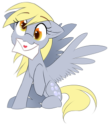 Size: 1580x1800 | Tagged: safe, artist:meotashie, derpy hooves, pegasus, pony, chest fluff, cute, derpabetes, female, letter, mare, mouth hold, raised hoof, simple background, sitting, solo, spread wings, transparent background