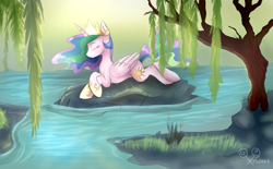 Size: 1024x634 | Tagged: safe, artist:rflzqt, princess celestia, alicorn, pony, eyes closed, prone, river, solo, stream, water