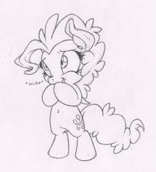 Size: 909x1000 | Tagged: safe, artist:dfectivedvice, pinkie pie, earth pony, pony, belly button, bipedal, grayscale, monochrome, sketch, solo, traditional art