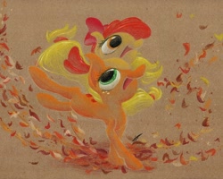 Size: 922x738 | Tagged: safe, artist:getchanoodlewet, apple bloom, applejack, earth pony, pony, autumn, leaves, sisters, traditional art