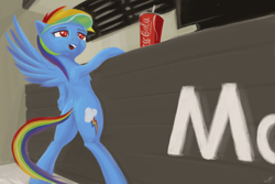 Size: 6000x4000 | Tagged: safe, artist:madgehog, derpibooru import, rainbow dash, pegasus, pony, coca-cola, fastfood restaurant, female, happy, mare, open mouth, plot, spread wings, underhoof, wings