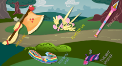 Size: 1466x794 | Tagged: safe, artist:reyjjj, derpibooru import, applejack, fluttershy, pinkie pie, rainbow dash, twilight sparkle, earth pony, pegasus, pony, weapon