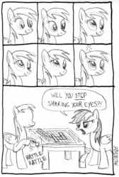 Size: 641x954 | Tagged: safe, artist:kturtle, derpy hooves, rainbow dash, pegasus, pony, comic, detachable eyes, dialogue, female, mare, modular, monochrome, saw, scrabble, table, the big snit, traditional art