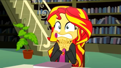 Size: 1136x640 | Tagged: safe, screencap, sunset shimmer, epic fails (equestria girls), eqg summertime shorts, equestria girls, book, library, plant, scared, stairs, teeth