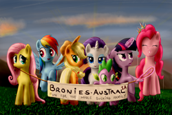 Size: 1024x683 | Tagged: safe, artist:everypone, derpibooru import, applejack, fluttershy, pinkie pie, rainbow dash, rarity, twilight sparkle, twilight sparkle (alicorn), alicorn, earth pony, pegasus, pony, unicorn, australia, bau, bronies australia, crown, female, flying, mane six, mare, plot, we couldn't fit it all in