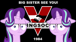 Size: 2208x1243 | Tagged: safe, artist:the smiling pony, derpibooru exclusive, edit, starlight glimmer, pony, unicorn, marks for effort, 1984, :i, big brother, big brother is watching, big sister see you, exclamation point, faic, floppy ears, george orwell, i mean i see, ingsoc, looking at you, political parties, propaganda, solo, stalin glimmer, text, text edit, unamused, vector