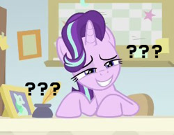 Size: 335x259 | Tagged: safe, edit, edited screencap, screencap, starlight glimmer, pony, unicorn, marks for effort, confused, confused nick young, female, grin, lidded eyes, mare, meme, question mark, smiling, solo, starlight's office, text
