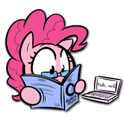 Size: 590x576 | Tagged: safe, artist:shoutingisfun, artist:venezolanbrony, color edit, edit, pinkie pie, earth pony, pony, book, c, colored, computer, female, glasses, hello world, hoof hold, k&r, laptop computer, mare, programming, reading, simple background, solo, transparent background