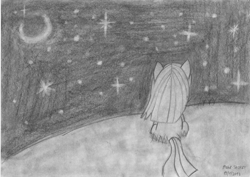 Size: 1024x723 | Tagged: safe, artist:mane-shaker, pinkie pie, earth pony, pony, monochrome, night, pencil drawing, pinkamena diane pie, solo, starry night, traditional art