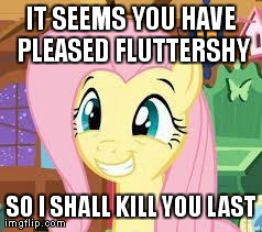 Size: 238x211 | Tagged: safe, edit, edited screencap, screencap, fluttershy, pegasus, pony, stare master, death threat, image macro, reaction image, solo, squee, threat