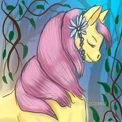 Size: 800x800 | Tagged: safe, artist:paxequinas, fluttershy, pegasus, pony, blue, day, female, flower, forest, mare, nature, pink, plant, solo, yellow
