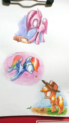 Size: 1152x2048 | Tagged: safe, artist:erudier, derpibooru import, applejack, pinkie pie, rainbow dash, earth pony, parasprite, pegasus, pony, apple, traditional art, watercolor painting