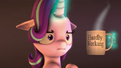 Size: 3840x2160 | Tagged: safe, artist:flushthebatsanta, starlight glimmer, pony, unicorn, marks for effort, 3d, :i, brown background, bust, cup, empathy cocoa, female, glowing horn, i mean i see, magic, mare, mug, scene interpretation, simple background, solo, source filmmaker, steam, telekinesis