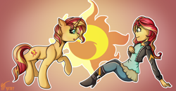 Size: 1600x833 | Tagged: safe, artist:juniormintotter, sunset shimmer, pony, unicorn, equestria girls, cutie mark background, duo, female, human ponidox, mare, raised hoof, self ponidox, signature, sitting, surprised