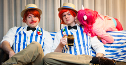 Size: 900x468 | Tagged: artist needed, safe, artist:iobject, flam, flim, pinkie pie, human, 2012, bowtie, cosplay, drink, female, flimpie, irl, irl human, kissing, male, momocon, photo, shipping, sitting, straight