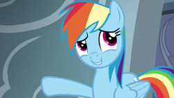 Size: 1280x720 | Tagged: safe, derpibooru import, screencap, rainbow dash, pegasus, pony, newbie dash, hoof out, smiling