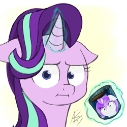 Size: 1280x1280 | Tagged: safe, artist:rivin177, starlight glimmer, pony, unicorn, marks for effort, season 8, :i, bust, canon, drinking, empathy cocoa, face, floppy ears, funny, glass, glimmer, glowing horn, horn, i mean i see, looking at you, magic, meep, simple background, solo, telekinesis, white background