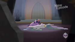 Size: 1280x720 | Tagged: safe, screencap, princess celestia, twilight sparkle, twilight sparkle (alicorn), alicorn, pony, princess twilight sparkle (episode), crying, damaged, deadlestia, defeated, female, game over, hub logo, injured, mare, mourning, new episode, sad, tragedy