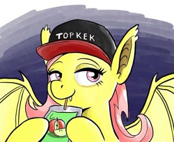 Size: 598x489 | Tagged: safe, artist:muffinshire, edit, fluttershy, /s4s/, apple juice, baseball cap, bedroom eyes, drawfag, flutterbat, hat, hoof hold, juice box, kek, smirk, solo, spread wings, top gun, top kek