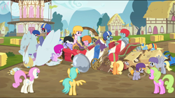 Size: 1360x768 | Tagged: safe, derpibooru import, screencap, applejack, crackle pop, derpy hooves, diamond tiara, rainbow dash, randolph, rarity, snips, earth pony, pegasus, pony, unicorn, the cart before the ponies, car, cart, kart, racers, snips' dad, swanlestia cart