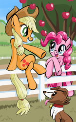 Size: 1200x1920 | Tagged: safe, artist:lumdrop, applejack, pinkie pie, winona, earth pony, pony, fence, gossip, pet, tree