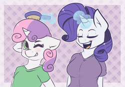 Size: 1280x893 | Tagged: safe, artist:komponi, rarity, sweetie belle, anthro, brush, magic, sisters, telekinesis