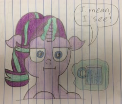 Size: 2880x2448 | Tagged: safe, artist:smurfettyblue, derpibooru exclusive, starlight glimmer, pony, unicorn, marks for effort, :i, cup, empathy cocoa, floppy ears, glowing horn, i mean i see, lined paper, magic, mug, solo, speech bubble, telekinesis, text, traditional art