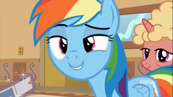 Size: 1280x720 | Tagged: safe, derpibooru import, screencap, rainbow dash, pegasus, pony, unicorn, grannies gone wild, spoiler:s08, background pony, dreamworks face, elderly, female, grin, lidded eyes, magic, magic aura, mare, smiling, ticket, unnamed pony