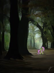 Size: 1401x1859 | Tagged: safe, artist:rathaslayernick, fluttershy, pegasus, pony, dark, forest, scenery, solo