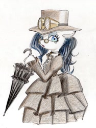 Size: 750x1000 | Tagged: safe, artist:unousaya, rarity, pony, semi-anthro, unicorn, bipedal, clothes, dress, goggles, hat, solo, traditional art, umbrella