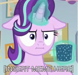 Size: 1024x986 | Tagged: safe, edit, edited screencap, screencap, starlight glimmer, pony, unicorn, marks for effort, :i, cropped, cup, empathy cocoa, female, floppy ears, glowing horn, i mean i see, image macro, magic, meme, needs more jpeg, solo, telekinesis