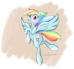 Size: 750x700 | Tagged: safe, artist:luohanpone, derpibooru import, rainbow dash, pegasus, pony, abstract background, colored, female, flying, mare, signature, simple background, solo