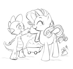 Size: 700x669 | Tagged: safe, artist:pia-sama, rarity, spike, dragon, pony, unicorn, cart, cute, female, fist bump, gem, hoofbump, male, mare, raribetes, shipping, simple background, sketch, smiling, sparity, spikabetes, straight, white background