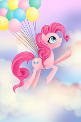 Size: 1391x2088 | Tagged: safe, artist:katyand, artist:sewingintherain, pinkie pie, earth pony, pony, balloon, flight, flying, solo, then watch her balloons lift her up to the sky