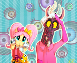 Size: 905x750 | Tagged: safe, artist:c-puff, discord, fluttershy, draconequus, pegasus, pony, :o, bipedal, bow, clothes, cosplay, cute, discoshy, discute, eye, eyes, female, hair bow, looking at you, male, mare, parody, ponponpon, salute, shipping, shyabetes, smiling, smiling at you, straight