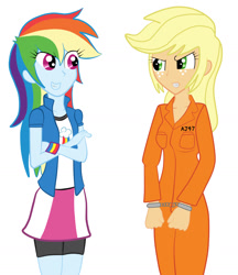 Size: 1523x1765 | Tagged: safe, artist:spellboundcanvas, derpibooru import, applejack, rainbow dash, equestria girls, clothes, prison, prison outfit, shackles