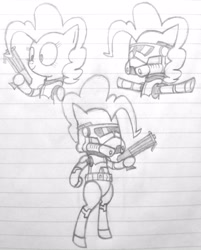 Size: 2577x3199 | Tagged: safe, artist:cross, pinkie pie, pony, too many pinkie pies, armor, bipedal, clone, clone trooper, clone wars, clones, clothes, costume, crossover, gun, helmet, military, monochrome, pencil drawing, pinkie clone, science fiction, sketch, smiling, standing, star wars, traditional art