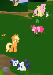 Size: 566x800 | Tagged: safe, screencap, angel bunny, applejack, fluttershy, gummy, opalescence, owlowiscious, pinkie pie, rarity, twilight sparkle, winona, alligator, dog, earth pony, mouse, pegasus, pony, unicorn, may the best pet win, animated, bucking, cat toy, fetch, jumping, magic, pet, pets, playing, stick, tail wag, telekinesis, toy mouse