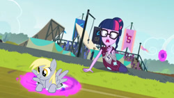 Size: 1024x576 | Tagged: safe, edit, edited screencap, screencap, derpy hooves, twilight sparkle, pegasus, pony, equestria girls, friendship games, dimensional cracks, female, frown, mare, open mouth, portal, scrunchy face, wide eyes