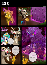 Size: 1600x2211 | Tagged: safe, artist:vavacung, discord, princess celestia, twilight sparkle, twilight sparkle (alicorn), oc, oc:paper mache, alicorn, pony, comic:to love god - to love mortal, barrier, comic, corrupted, crossed arms, female, force field, future twilight, lollipop, magic, mare, mouth hold, open mouth, smiling, sombra eyes, sunglasses, twilight scepter