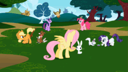 Size: 853x480 | Tagged: safe, screencap, angel bunny, applejack, fluttershy, gummy, opalescence, owlowiscious, pinkie pie, rarity, twilight sparkle, winona, earth pony, mouse, pegasus, pony, unicorn, may the best pet win, animated, cute, fluttergasm, pet, pets, shyabetes, stick, tail hold, tail pull