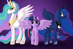 Size: 1500x1000 | Tagged: safe, artist:dreamyartcosplay, princess celestia, princess luna, twilight sparkle, twilight sparkle (alicorn), alicorn, pony, ethereal mane, female, hoof shoes, mare, peytral, raised hoof, smiling, spread wings, starry mane