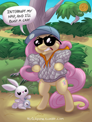 Size: 900x1200 | Tagged: safe, artist:1trick, angel bunny, fluttershy, pegasus, pony, gangsta, hug life, rap