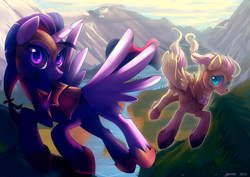 Size: 1350x955 | Tagged: safe, artist:si1vr, derpibooru import, fluttershy, twilight sparkle, twilight sparkle (alicorn), alicorn, pegasus, pony, armor, flying, mountain, vertigo, water