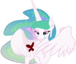 Size: 10000x8476 | Tagged: safe, artist:verard87, artist:zev, princess celestia, alicorn, butterfly, pony, absurd resolution, crying, female, mare, simple background, smiling, solo, transparent background