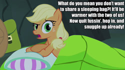 Size: 1280x720 | Tagged: safe, edit, edited screencap, screencap, applejack, earth pony, pony, sleepless in ponyville, bronybait, caption, image macro, imminent snuggles, implied snuggling, looking at you, sleeping bag, solo, text