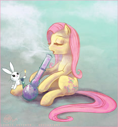 Size: 800x858 | Tagged: safe, artist:cosmicunicorn, angel bunny, fluttershy, pegasus, pony, blushing, bong, drugs, eyes closed, flutterhigh, marijuana, open mouth, sitting, smiling, smoking