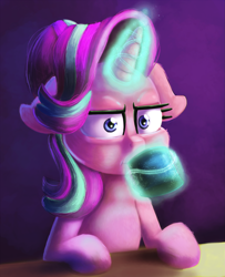 Size: 1623x2000 | Tagged: safe, artist:discorded, starlight glimmer, pony, unicorn, marks for effort, cup, empathy cocoa, female, floppy ears, glowing horn, i mean i see, magic, mare, solo, telekinesis